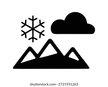 A simple black and white vector icon illustrating a snowy mountain landscape under a cloud with a prominent snowflake symbol, perfect for weather apps or winter theme design.