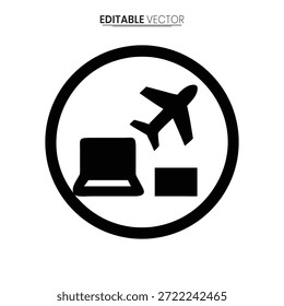 Um simples ícone de vetor preto e branco que representa viagens com um avião e bagagem.