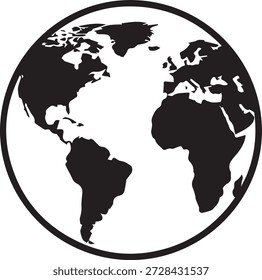 Sencillo ícono de Vector en blanco y negro del globo terráqueo, que ilustra la conexión global y la comunicación internacional para los negocios, la educación y los conceptos ambientales.