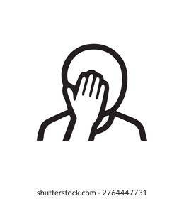 A simple black and white vector icon of a person performing the facepalm gesture, symbolizing embarrassment, frustration, disbelief, or regret.