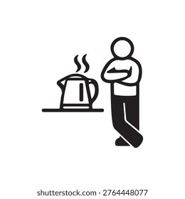 Simple black and white vector icon of a person observing a steaming electric kettle ideal for hot drinks or kitchen related concepts.