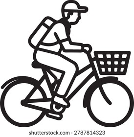 Simple black and white vector icon of a cyclist delivering packages in an urban setting