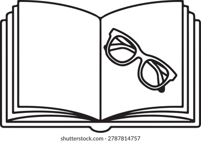 Simple black and white vector icon of an open book displaying a pair of glasses inside it
