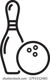Simple black and white vector icon showing a bowling pin and ball ready for a game.