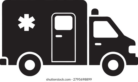 Simple black and white vector icon of an emergency ambulance vehicle featuring a medical star symbol on the side and an open rear door.