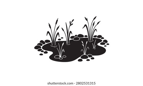 A simple black and white vector icon of a small pond or marshy area featuring aquatic plants, reeds, and surrounding stones, isolated on white background.
