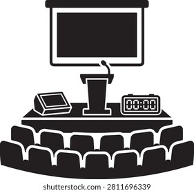 A simple black and white vector icon of a conference room featuring a lecture podium, a projector screen, a timer, and rows of audience seats.