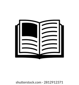 A simple black and white vector icon of an open book with visible text lines and an illustration box.