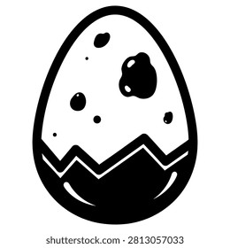 Simple black and white vector icon of a single speckled cracked egg sitting isolated in center on white background