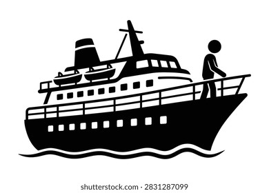 A simple black and white vector icon of a cruise ship sailing on waves with a person standing on the deck.