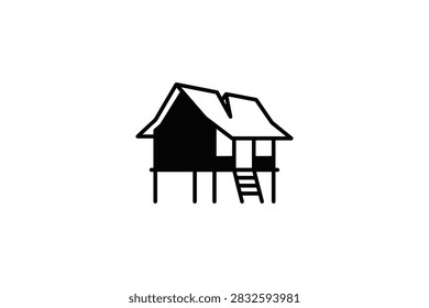 A simple black and white vector icon of a traditional house built on stilts with a small ladder