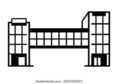 A simple black and white vector icon depicting two modern commercial buildings linked together by a horizontal skywalk or enclosed bridge structure.