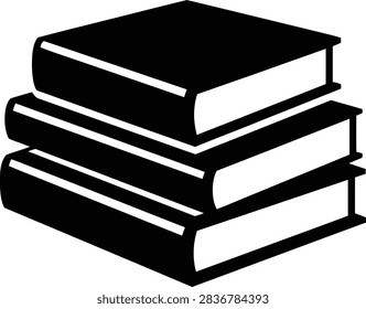 A simple black and white vector icon illustration featuring a stack of three books piled on top of each other.