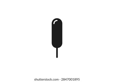 A simple black and white vector icon of a corn dog on a stick representing carnival food or snack