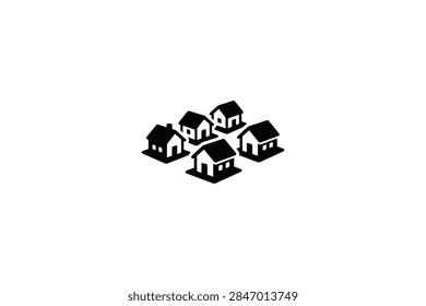 A simple black and white vector icon depicting a group of five small houses arranged in an isometric perspective representing a community or real estate development