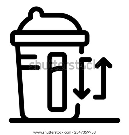 Simple black and white vector icon of a measuring cup with up and down arrows indicating minimum and maximum fill lines