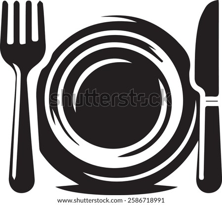 Simple black and white vector icon of a dining setup featuring a plate, fork on the left, and knife on the right. Ideal for restaurant menus, food-related applications, kitchen signage, or dining-rela