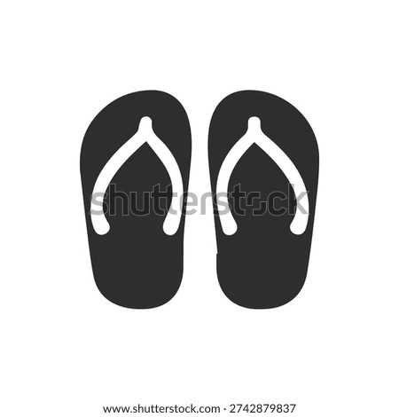 A simple black and white vector icon of a pair of flip-flops. This symbol represents summer, beach holidays, casual footwear, and relaxation.