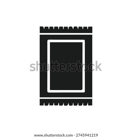 A simple black and white vector icon of a single-serving sachet or packet. Features serrated edges for easy tearing. Ideal for food or product design.