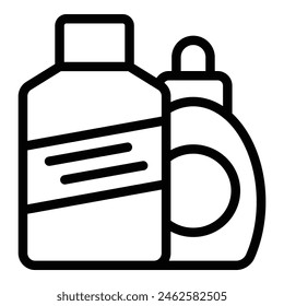Iconos vectoriales simples en blanco y negro de productos de limpieza para la higiene y el saneamiento, incluyendo detergente, spray y botellas limpiadoras