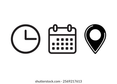 Simple black and white vector icons of a clock, calendar, and location pin. Perfect for scheduling, time management, and navigation designs.