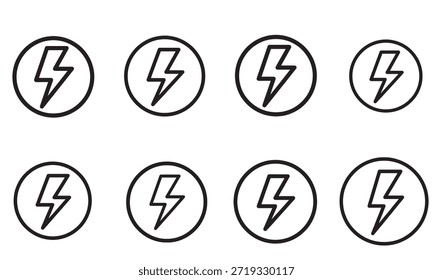 Iconos simples del vector blanco y negro de los pernos del rayo dentro de círculos