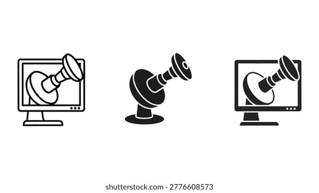 Simple black and white vector icons showing a webcam and microphone on computer monitors, paired with a standalone microphone icon in the center.