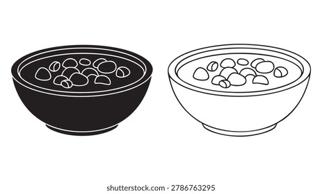 Simple black and white vector icons of two bowls filled with beans or cereal, one solid black and one outline, isolated on white background.