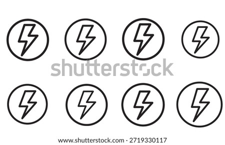 Simple black and white vector icons of lightning bolts inside circles
