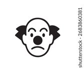 Simple black and white vector illustration of a sad clown face suitable for entertainment event or circus themed graphic designs.