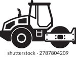 Simple black and white vector illustration of a tractor with a road roller attachment flattening asphalt.