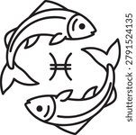 Simple black and white vector illustration of two fish circling a Pisces astrology symbol, minimalist design.