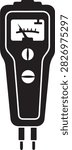 Simple black and white vector illustration of a handheld analog multimeter with probes