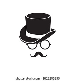 Simple black and white vector illustration design. Top hat with glasses and moustache.