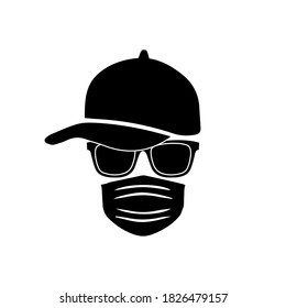 Simple black and white vector illustration of a man with sunglasses a cap hat baseball and a facemask.