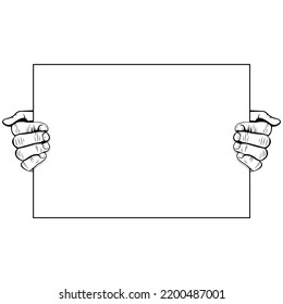 Simple black and white vector illustration of hands holding a blank paper. Two hands. Body part. Human anatomy. The activist. Mass demonstration. Protest action. Important announcement.