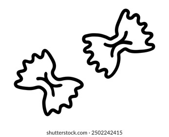 A simple black and white vector illustration of two Farfalle pasta shapes, drawn with clean black lines on a white background. Perfect for culinary-themed designs and projects.