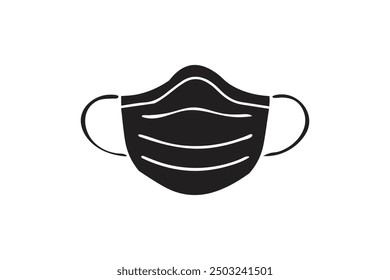 Simple Ilustración vectorial en blanco y negro de una mascarilla médica. El diseño está aislado sobre un fondo blanco, ideal para temas de salud, seguridad e higiene.