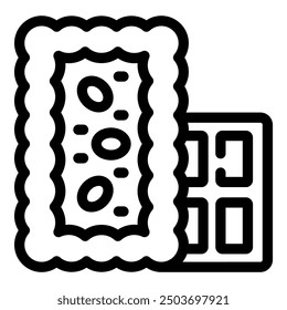Simple black and white vector illustration of a chocolate bar with filling and some pieces on the side