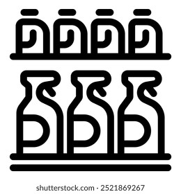 Simple black and white vector illustration of various bottles neatly arranged on shelves, ideal for retail or product display concepts
