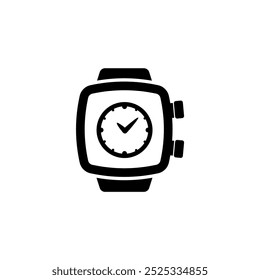 A simple black and white vector illustration of a stylized wristwatch icon, featuring a square watch face with analog hour and minute hands