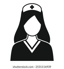 Simple black and white vector illustration of a female nurse wearing a classic uniform and hat