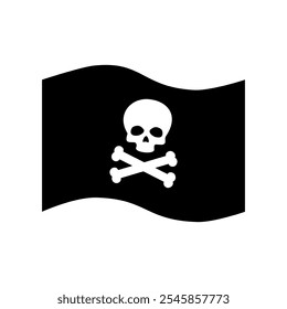 Simple black and white vector illustration of classic pirate flag with skull and crossed bones symbol. Perfect for design projects, games, and nautical themes.