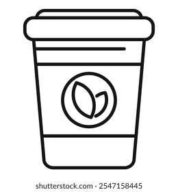 Simples preto e branco vetor ilustração de uma xícara de café de papel takeaway com um logotipo mostrando folhas de chá orgânico