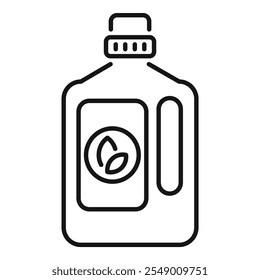 Simple black and white vector illustration representing a detergent bottle with a leaf symbol, evoking its eco friendly properties