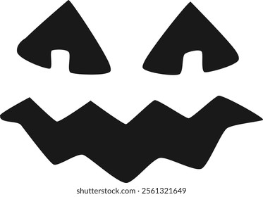 Simple, black and white vector illustration of a carved pumpkin face, perfect for Halloween decorations, greeting cards, or party invitations, evoking a spooky and festive atmosphere