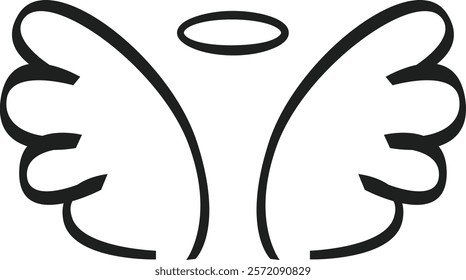 Simple black and white vector illustration featuring angel wings and a halo, representing divine presence, purity, innocence, and the journey of spiritual ascension