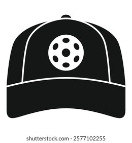 Simple black and white vector illustration of a baseball cap featuring a pickleball logo, perfect for representing the sport of pickleball