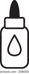 Simple black and white vector illustration of a bottle of liquid glue featuring a pointed nozzle cap for precise application, ideal for crafting, DIY projects, and school activities