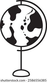 Simple, black and white vector illustration of a world globe on a stand, perfect for representing concepts related to geography, education, travel, and global issues